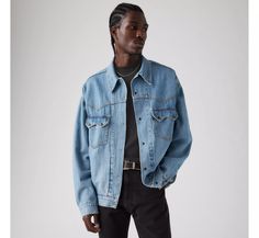 Western Trucker Jacket - Medium Wash | Levi's® US Western Style Long Sleeve Outerwear For Work, Western Style Workwear Outerwear, Western Style Long Sleeve Workwear Outerwear, Classic Fall Outerwear For Rodeo, Spring Classic Shacket With Snap Buttons, Classic Spring Shacket With Snap Buttons, Classic Long Sleeve Outerwear For Rodeo, Casual Spring Outerwear For Rodeo, Spring Rodeo Outerwear With Pockets