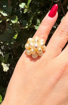 Vintage cluster Pearl ring in 14K Heirloom White Cluster Ring, Yellow Gold Cluster Ring In Fine Jewelry Style, Yellow Gold Cluster Flower Ring, Luxury Cluster Ring In Yellow Gold, Wedding Cluster Ring In Yellow Gold, Classic Yellow Gold Cluster Flower Ring, White Cluster Ring With 17 Jewels, White Cluster Ring For Formal Occasions, Elegant Yellow Gold Cluster Flower Ring