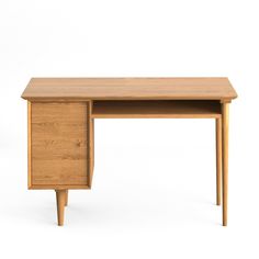 a wooden desk with two drawers on one side and an open drawer on the other