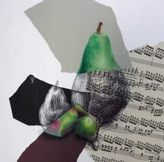 an art piece with music notes, pears and other items on top of it