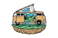 an old van parked on top of a small island with trees and mountains in the background