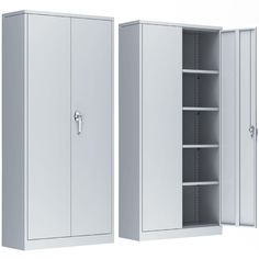 two metal storage cabinets side by side, one with doors open and the other closed