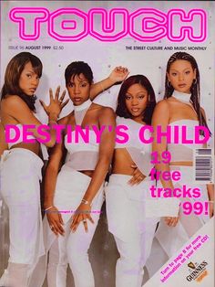 a magazine cover with four women in white outfits on the front and one is holding her hand up