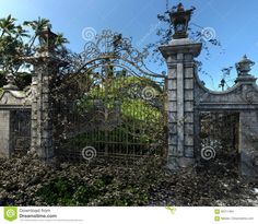 an old stone gate surrounded by vines and trees