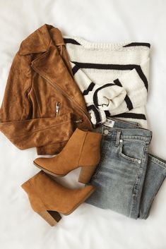 #veganleatherjacket #cameljacket #stripedsweater #denim #booties #outfitideas #lovelulus Tan Suede Moto Jacket, Cute Fall Outfits, Mode Inspiration, Fall Winter Outfits, Outfits Casuales, Moda Fashion, Cute Casual Outfits, Look Fashion