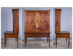 an old wooden cabinet and chair are shown in three different angles