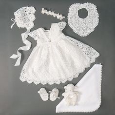 All the lovely pieces from our Lola collection, including our Lola lace dress, booties, bib, lace bonnet, flower headband and quilted name blanket ✨ Girls Christening Dress, Christening Outfit Girl, Baby Blessing Dress, Baby Christening Dress, Baby Christening Outfit, Christening Dress Baby Girl, Baby Lace Dress, Crochet Baby Dresses, Baby Dress Set