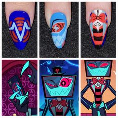 Vox Hazbin Hotel Nails, Alastor Hazbin Hotel Nail Art, Vox Bracelets Hazbin Hotel, Horror Character Nail Art, Pastel Nails Designs