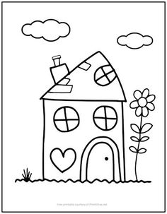 a drawing of a house with flowers and clouds in the background, on top of a hill