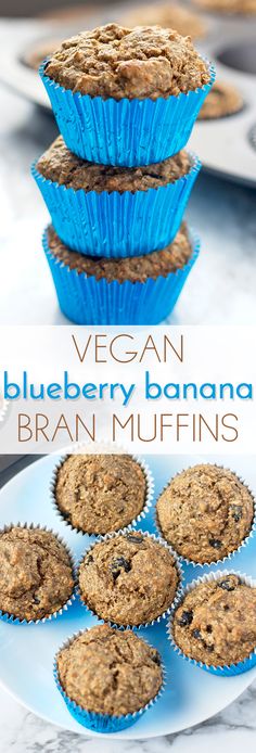 vegan blueberry banana bran muffins are stacked on top of each other