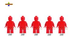 four red lego minifigures are shown in the same row