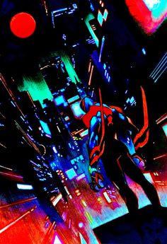 an image of a man in the middle of a city at night with neon lights