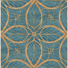 a blue and gold rug with an intricate design on the front, in shades of teal