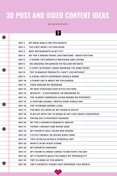 the 30 post and video content ideas list is shown in pink with black dots on it