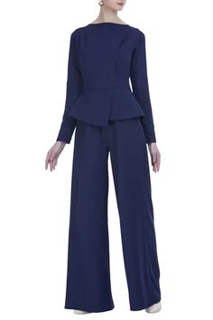 Shop for Swatee Singh Blue Peplum Jumpsuit for Women Online at Aza Fashions Ankara Suit, Ankara Blouses, Peplum Jumpsuits, Flared Jumpsuit, Crepe Jumpsuit, Jumpsuit For Women, Jumpsuit Blue, Navy Blue Blouse, Flare Jumpsuit