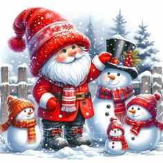 a painting of santa claus and his snowmen