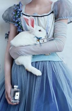 a woman in a blue dress holding a white rabbit on her arm and wearing gloves