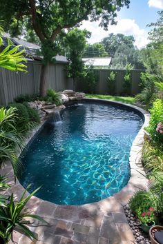 a small pool surrounded by plants and trees