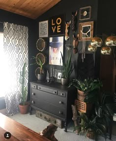 a living room filled with lots of plants and pictures hanging on the wall next to a dresser