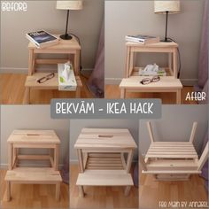 three different views of a small wooden table and chair with the same shelf on each side