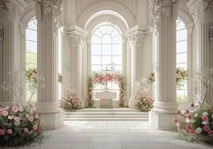 a large room with columns and flowers on the floor