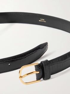 Find TOTÊME Croc-effect Leather Belt on Editorialist. Totême's designs are based on the idea of a 'modern uniform', which wouldn't be complete without a classic black belt. Long enough to double-wrap around your waist, this one is made from croc-effect leather and fastens with a polished gold-tone buckle. Suede Belt, Croc Leather, Belt Style, Leather Buckle, Leather Belts, Black Belt, Net A Porter, Belts For Women, Embossed Leather