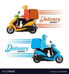 two people on motor scooters with boxes in their back and the words delivery above them