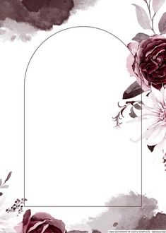 a white and purple watercolor background with flowers on the corner, in front of an arch