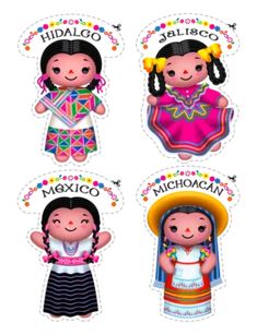 four mexican dolls are shown with different colors and designs on the paper, including one girl in