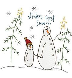 two snowmen are holding hands in front of trees with stars and the words winter first snow