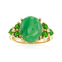 Ross-Simons - Jade, .70ct t. w. Chrome Diopside Ring, White Zircon Accents Over Silver. Size 5. Add a bright pop of color to your outfit with the verdant hues of this pretty ring. A glossy 12x10mm oval jade cabochon is complemented by the glow of .70 ct. t. w. chrome diopsides and white zircon accents. Crafted in 18kt yellow gold over sterling silver. 1/2" wide. Chrome diopside and jade ring. Chrome Diopside Ring, Bright Pop, Pretty Ring, Jade Ring, The Glow, Jade Stone, Pretty Rings, Multi Stone Ring, Stone Cuts