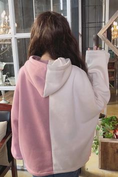 Cute Double Half Colors Hoodie – Tomscloth White Patchwork Hoodie For Winter, Casual Patchwork Hoodie Tops, White Winter Hoodie With Patchwork, Pink Patchwork Hoodie For Fall, Pink Long Sleeve Sweatshirt With Patchwork, Pink Patchwork Long Sleeve Sweatshirt, Pink Long Sleeve Patchwork Sweatshirt, White Long Sleeve Hoodie With Patchwork, Spring Patchwork Long Sleeve Hoodie