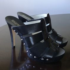 - Michael Michael Kors Black Genuine Leather Upper Women’s Size 6mpeep Toe Stilettos Heel Slip On Sandals. - Size = 6m Trunk 24 - Rubber Outsole - Msrp = $130 - Heel Height = 4.5” Inches - Genuine And Authentic Or Your Money Back. Trunk 24 Leather Sandals With 4-inch Heel For Night Out, Leather Mules With 4-inch Heel And Ankle Strap, Leather Almond Toe Sandals For Night Out, Round Toe Mules With Heel Strap For Night Out, Mules With Heel Strap For Night Out, Leather Mules With 4-inch Heel For Party, Leather Mules With Reinforced Heel For Party, Leather High Heel Mules For Night Out, Designer Black Mules With Heel Loop