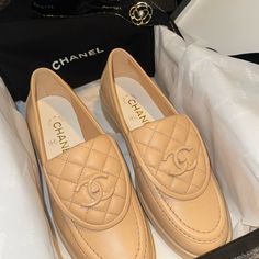 2023 Nwt Never Worn! 100% Authentic Chanel Loafers Beige With Turn Lock Size 37.5 Includes: Box, Loafers, And Two Dust Bags! Impossible To Find! Open To Reasonable Offers! Happy Shopping! Cream Leather Flat Sneakers, Beige Textured Low-top Loafers, Luxury Leather Moccasins For Spring, Luxury Slip-on Leather Shoes For Fall, Beige Moccasins With Leather Footbed, Fall Leather Low-top Moccasins, Chic Brown Leather Moccasins, Beige Leather Shoes With Leather Footbed, Beige Leather Almond Toe Sneakers