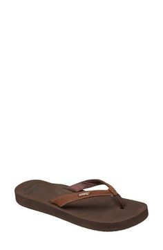 Soft straps and a cushy, flexible footbed provide grab-and-go comfort in this beach-approved flip-flop elevated on a low platform. Cushioned footbed Synthetic upper and lining/rubber sole Imported Brown Cushioned Flip Flops For Surfing, Brown Synthetic Flip Flops With Textured Footbed, Brown Beach Sport Sandals With Cushioned Footbed, Brown Sport Sandals With Cushioned Footbed For Beach, Brown Beach Flip Flops With Arch Support, Beach Flip Flops With Arch Support In Brown, Brown Arch Support Flip Flops For The Beach, Flip Flop, Women's Shoes Sandals