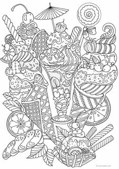 a coloring page with an ice cream sundae and other desserts in the background