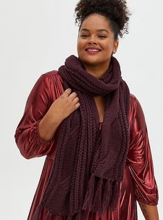 Wrap yourself in an updated cold weather wardrobe with this super cozy cable knit oblong scarf with fringe detail. CONTENT + CARE Polyester. Wash cold; dry flat. Imported plus size scarfs. SIZE + FIT 13. 8” W X 76” L. The best plus size women's burgundy purple cable knit oblong scarf scarves in purple. Torrid is your destination for cozy fall and winter clothes to keep you warm and comfortable. Scarf With Fringe, Fitted Wedding Dress, Winter Clothes, Cozy Fall, Scarfs, Fitted Dress, Winter Scarf, Cable Knit, Cold Weather