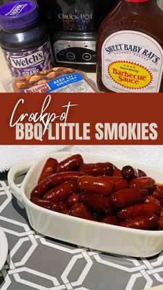 bbq little smokies in a white bowl on a table next to bottles of barbecue sauce