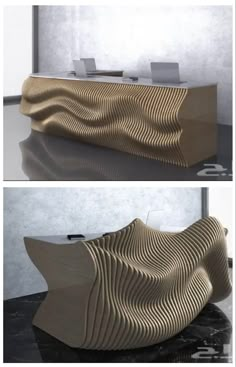 two different views of an office desk with wavy lines on the front and back side