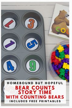 a muffin tin filled with lots of colorful candies next to a cupcake pan