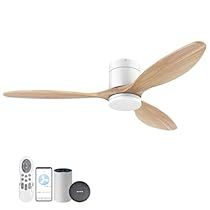 a white ceiling fan with wooden blades and remote controls next to it's packaging