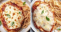 two plates of spaghetti with sauce and basil on them, one has been cut in half