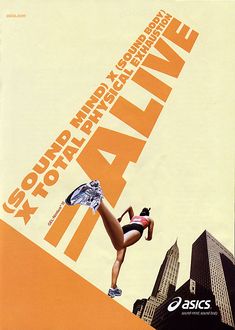 an advertisement for some kind of sporting event with a woman running up the side of a hill