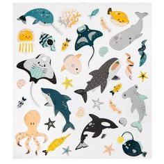 an assortment of sea animals stickers on a white sheet with blue, yellow and green colors