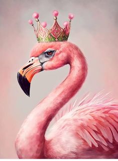 a pink flamingo with a crown on its head