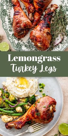 lemongrass turkey legs with mashed potatoes and broccoli