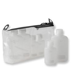 two plastic bottles are shown next to a zippered pouch that holds several different containers