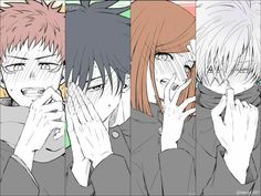 four different anime characters with their hands on their faces and one holding his face to his mouth