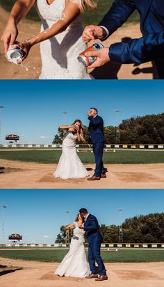 the bride and groom are getting ready to throw their wedding rings at each other on the baseball field