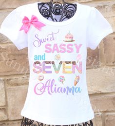 A fun, unique sweet, sassy, and six themed birthday shirt personalized with your child's name and age. All shirts are 100% cotton.  I use a professional heat press to transfer the image, NOT a home iron.  All shirts are embellished with a bow.  I will personalize it with your child's name and age for no additional cost.  The puffy sleeve tee comes in sizes 12 month - size 12 . I also carry the same brand shirt in a tank top style as well as long sleeved.  I also have Carter's bodysuits in sizes Sweet Sassy And Seven Birthday, Seven Birthday Shirt, Candy Birthday Party Ideas, Birthday Party Sweets, Sweets Birthday, Heat Press Shirts, Candy Birthday, Ice Cream Birthday Party